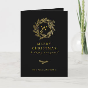 Golden Winter Wreath Black Holiday Card