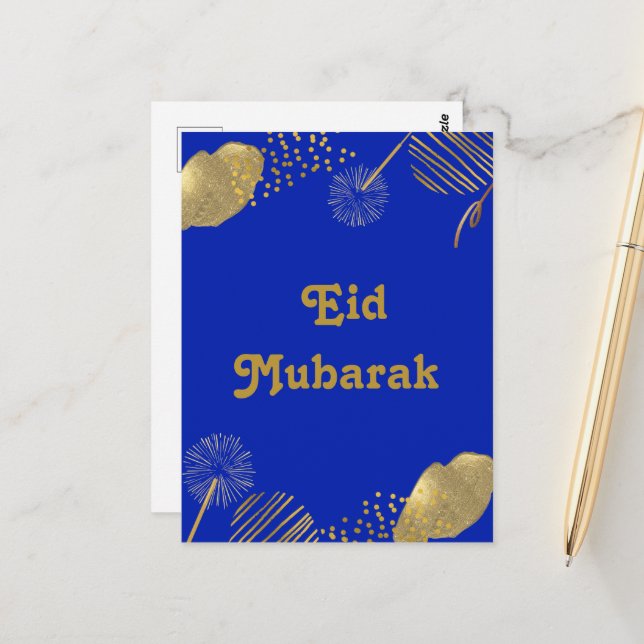 Golden Wishes: Eid Mubarak Blue and Gold 2024 Card (Front/Back In Situ)
