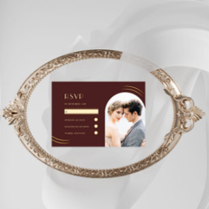 Golden Wisps Dark Burgundy Photo Wedding RSVP Card