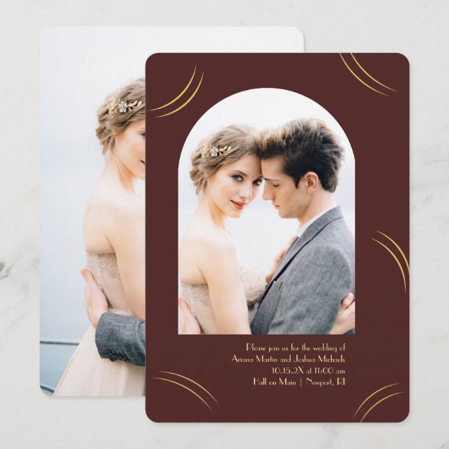 Golden Wisps Two Photo Burgundy Wedding Invitation (Front/Back)
