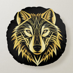 Golden Wolf Head On Black Geometric 🐺 Round Cushion
