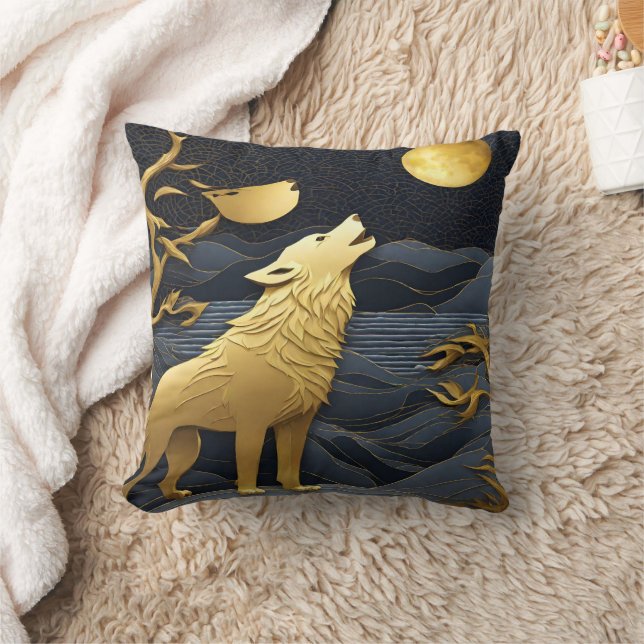 Golden Wolf Howling Under A Full Moon Cushion (Blanket)