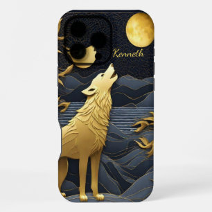 Golden Wolf Howling Under Full Moon at Night iPhone 16 Pro Max Case