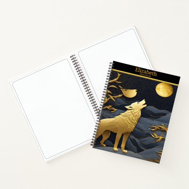 Golden wolf howls at the moon notebook (Inside)