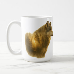 Golden Wolf Spirit – Double Exposure Forest Art Coffee Mug