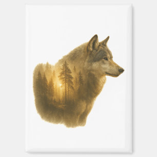 Golden Wolf Spirit – Double Exposure Forest Art Magnet