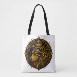 Golden wolf with crown design tshirts tote bag
