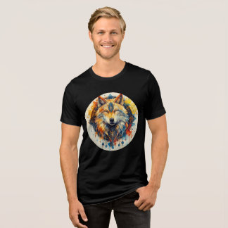 Golden Wolf with Tribal Mandala Design Tri-Blend Shirt
