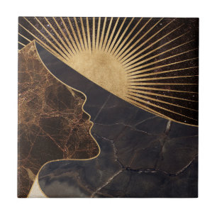 Golden Woman Illusion with Sun and Marble Textures Ceramic Tile
