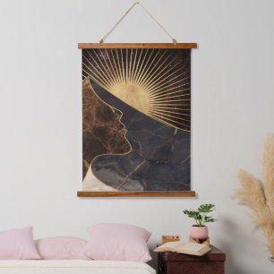 Golden Woman Illusion with Sun and Marble Textures Hanging Tapestry