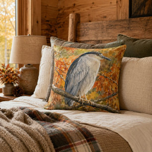 Golden Woodland Autumn Heron Cushion