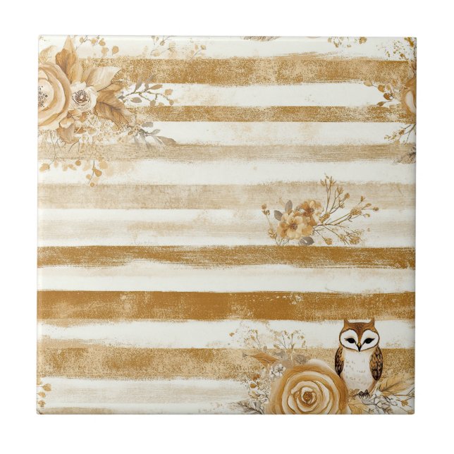 Golden Woodland Fox & Owl Stripe Pattern (2) Ceramic Tile (Front)