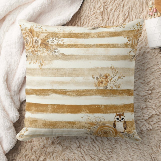 Golden Woodland Fox & Owl Stripe Pattern (2) Cushion (Blanket)