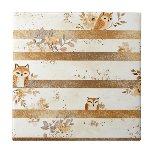 Golden Woodland Fox & Owl Stripe Pattern Ceramic Tile (Front)