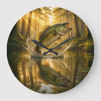 Golden Woodland Largemouth Bass Tote Bag Large Clock