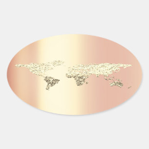 Golden World Map Destination Earth Globe Coral Oval Sticker