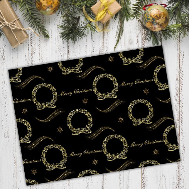 Golden Wreath Glow: Black & Gold Christmas Tissue Paper (Creator Uploaded)