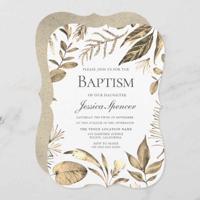 Golden Wreath Leaf Foliage Baptism Invite (Front/Back)