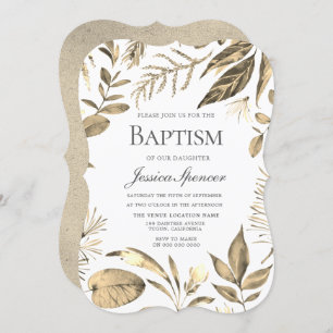 Golden Wreath Leaf Foliage Baptism Invite