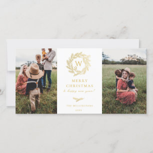 Golden Wreath Monogram Holiday 2 Photo Card