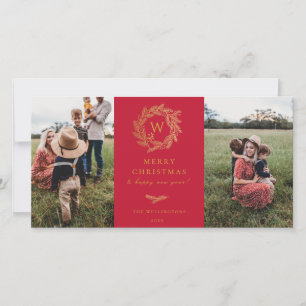 Golden Wreath Monogram Holiday 2 Photo Card Red
