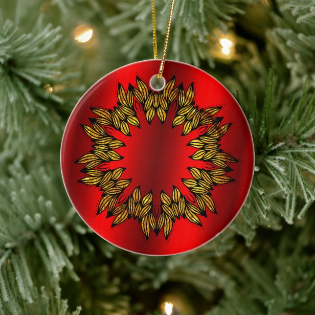 Golden Wreath on Red Christmas Ceramic Ornament (Tree)