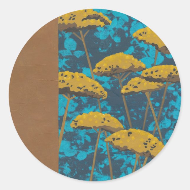 Golden Yarrow Garden with Blue Background Classic Round Sticker (Front)