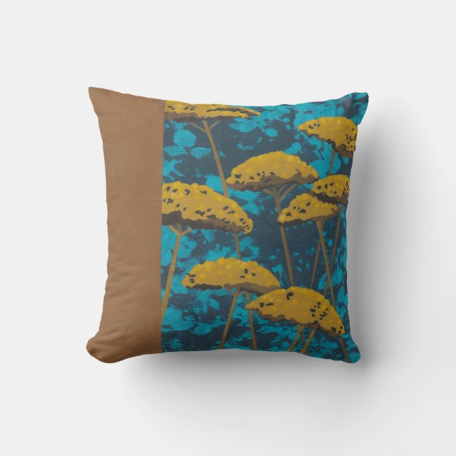 Golden Yarrow Garden with Blue Background Cushion (Front)