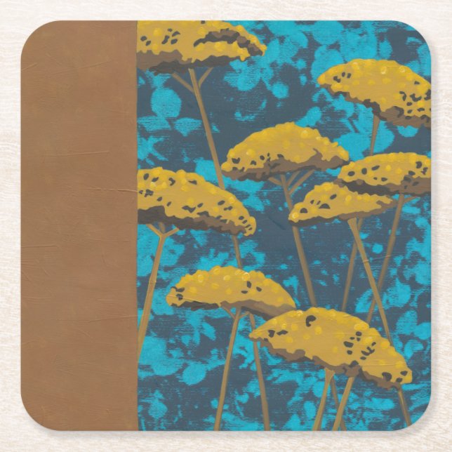 Golden Yarrow Garden with Blue Background Square Paper Coaster (Front)