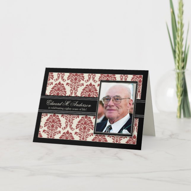 Golden Years Damask Birthday CARD Invitation (red) (Front)