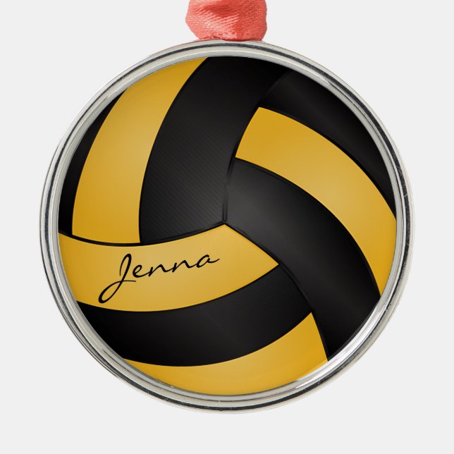 Golden Yellow and Black Personalise Volleyball Metal Ornament (Front)