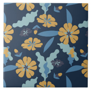 Golden yellow and blue floral pattern ceramic tile