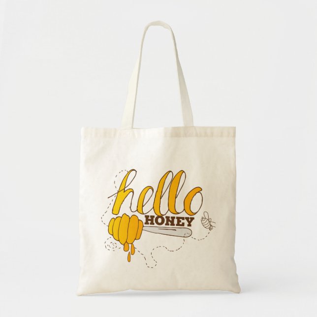 Golden Yellow and Brown Hello Honey Tote Bag (Front)