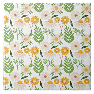 Golden yellow and ivory white floral pattern ceramic tile