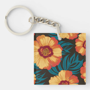 Golden-Yellow and Red Flowers with Teal Leaves Key Ring