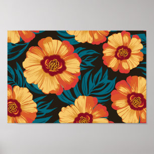 Golden-Yellow and Red Flowers with Teal Leaves Poster