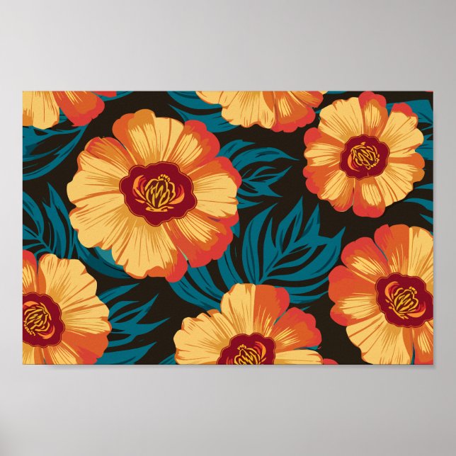 Golden-Yellow and Red Flowers with Teal Leaves Poster (Front)