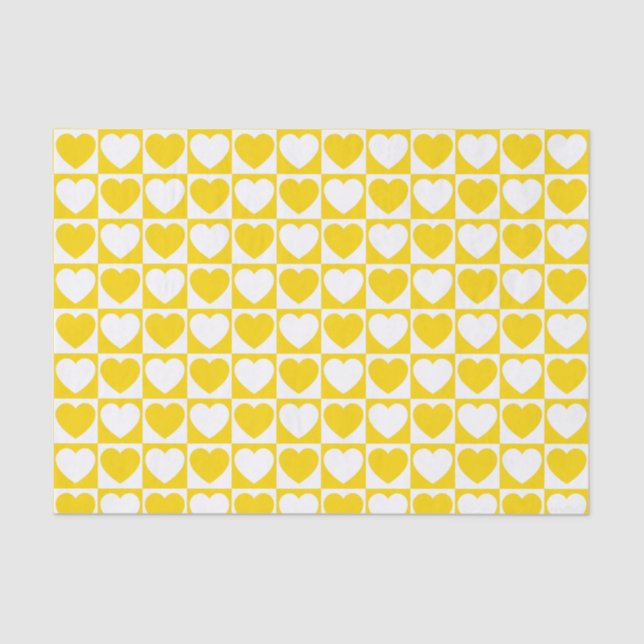 Golden Yellow and White Chequered With Hearts Tissue Paper (Front)
