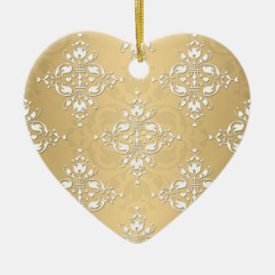 Golden Yellow and White Damask Pattern Ceramic Ornament