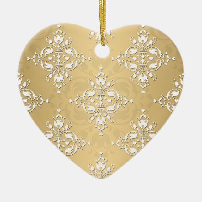 Golden Yellow and White Damask Pattern Ceramic Ornament (Front)