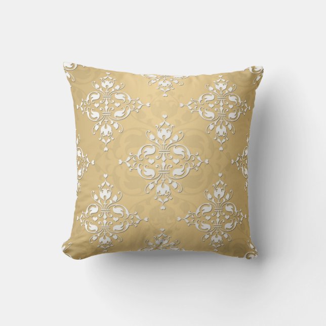 Golden Yellow and White Damask Pattern Cushion (Front)