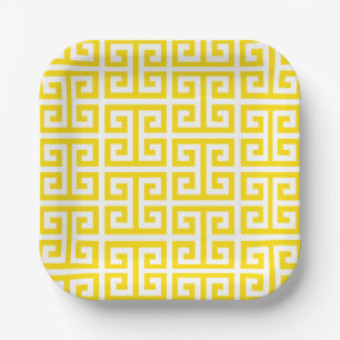 Golden Yellow and White Greek Key Paper Plate