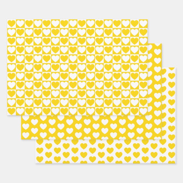 Golden Yellow and White Hearts Wrapping Paper Sheet (Set)