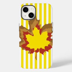 Golden Yellow Autumnal Stripes with Leaves Case-Mate iPhone 14 Case