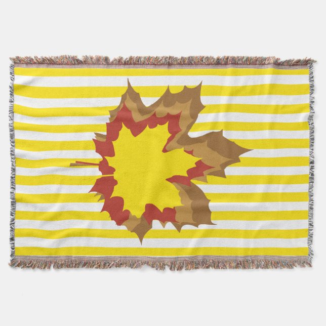 Golden Yellow Autumnal Stripes with Leaves Throw Blanket (Front)