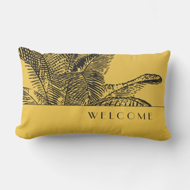 Golden Yellow & Black Tropical Palm Leaf | Welcome Lumbar Cushion (Front)