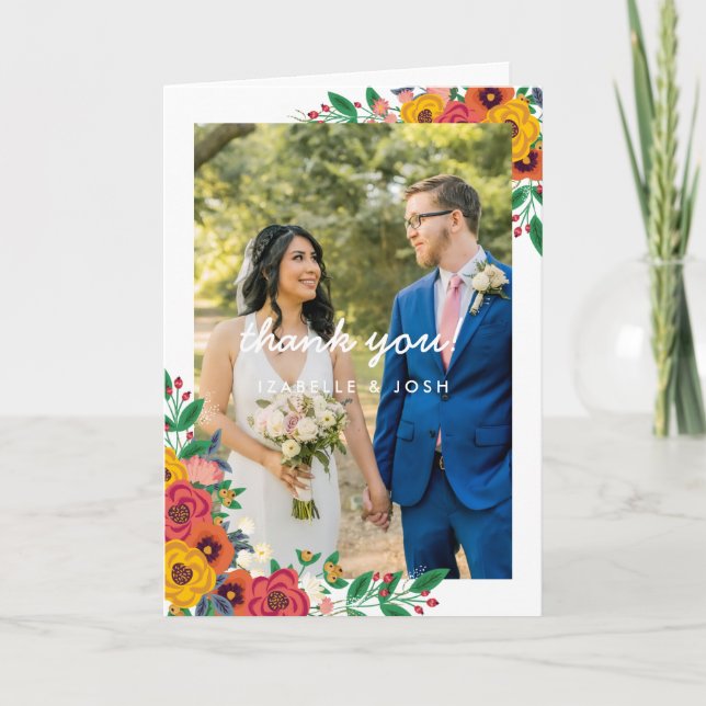 Golden Yellow Boho Florals Wedding Photo Thank You Card (Front)