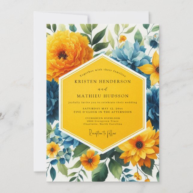 Golden Yellow Botanical Bloom Wedding Invitation (Front)