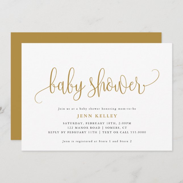 Golden Yellow Calligraphy Baby Shower Invitation (Front/Back)