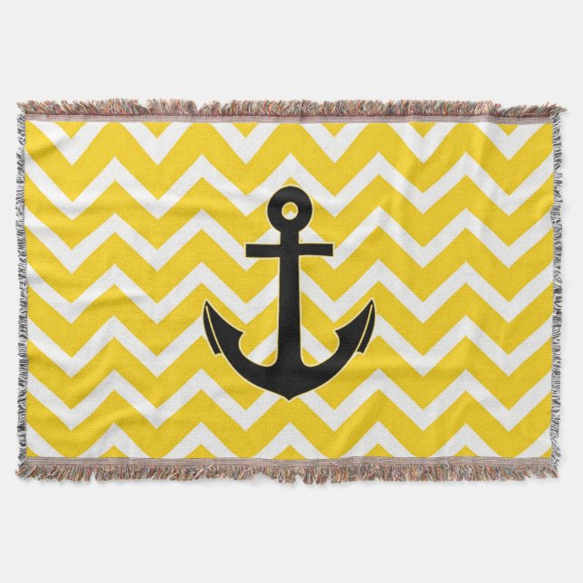 Golden Yellow Chevron Anchor Throw Blanket (Front)